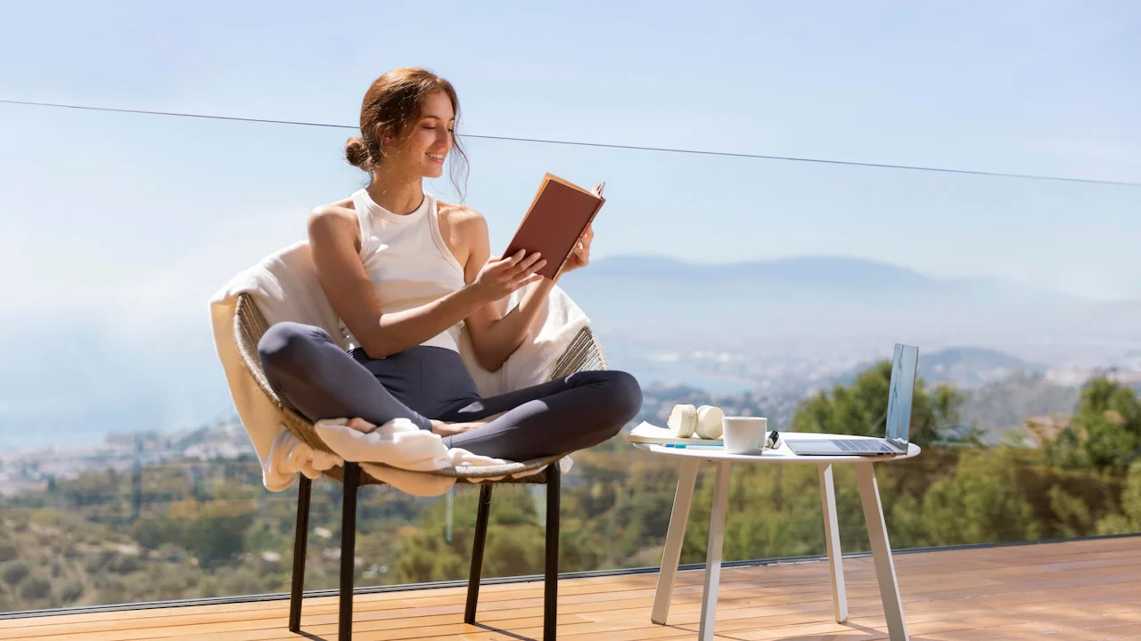 Smiling young woman wearing a white tank top and gray leggings, sitting cross-legged on a cozy armchair, reading a book on a glass balcony with a view of mountains, city, and blue sky — conveying a sense of peace and well-being in the context of spiritual awakening.