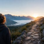 Person looking at a mountain trail at sunrise, symbolizing stages of spiritual awakening and inner searching.