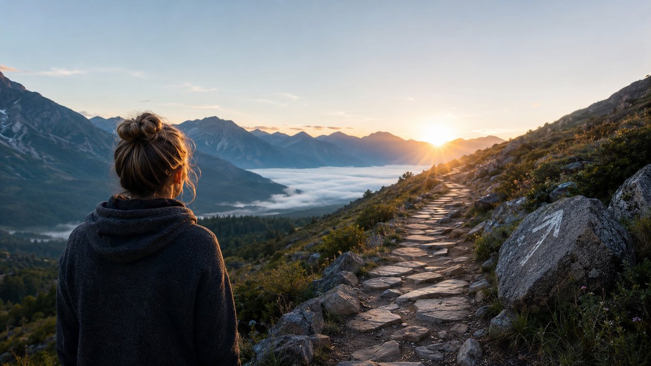 Person looking at a mountain trail at sunrise, symbolizing stages of spiritual awakening and inner searching.