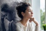 spiritual awakening or mental illness? Spiritual awakening shown through a calm woman by a window with a shadowed inner figure suggesting mental illness