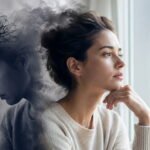 spiritual awakening or mental illness? Spiritual awakening shown through a calm woman by a window with a shadowed inner figure suggesting mental illness