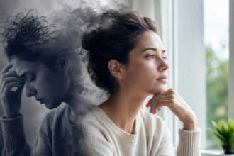 spiritual awakening or mental illness? Spiritual awakening shown through a calm woman by a window with a shadowed inner figure suggesting mental illness
