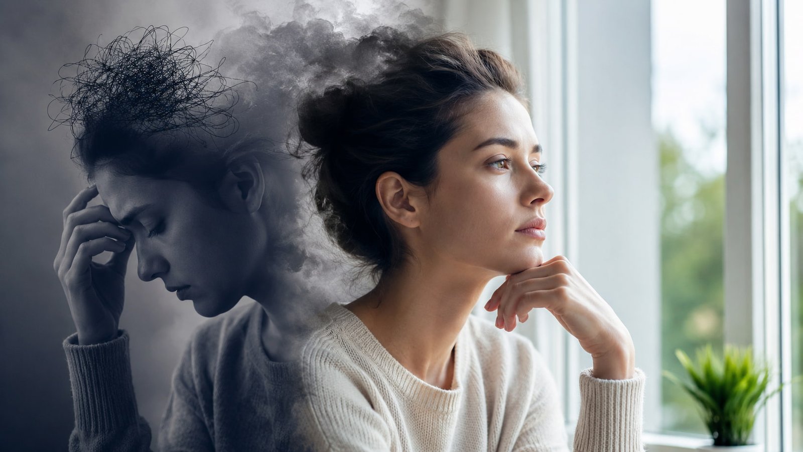 spiritual awakening or mental illness? Spiritual awakening shown through a calm woman by a window with a shadowed inner figure suggesting mental illness