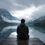 Person sitting alone by a misty mountain lake symbolizing the dark night of the soul and deep spiritual transformation.