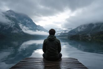 Person sitting alone by a misty mountain lake symbolizing the dark night of the soul and deep spiritual transformation.