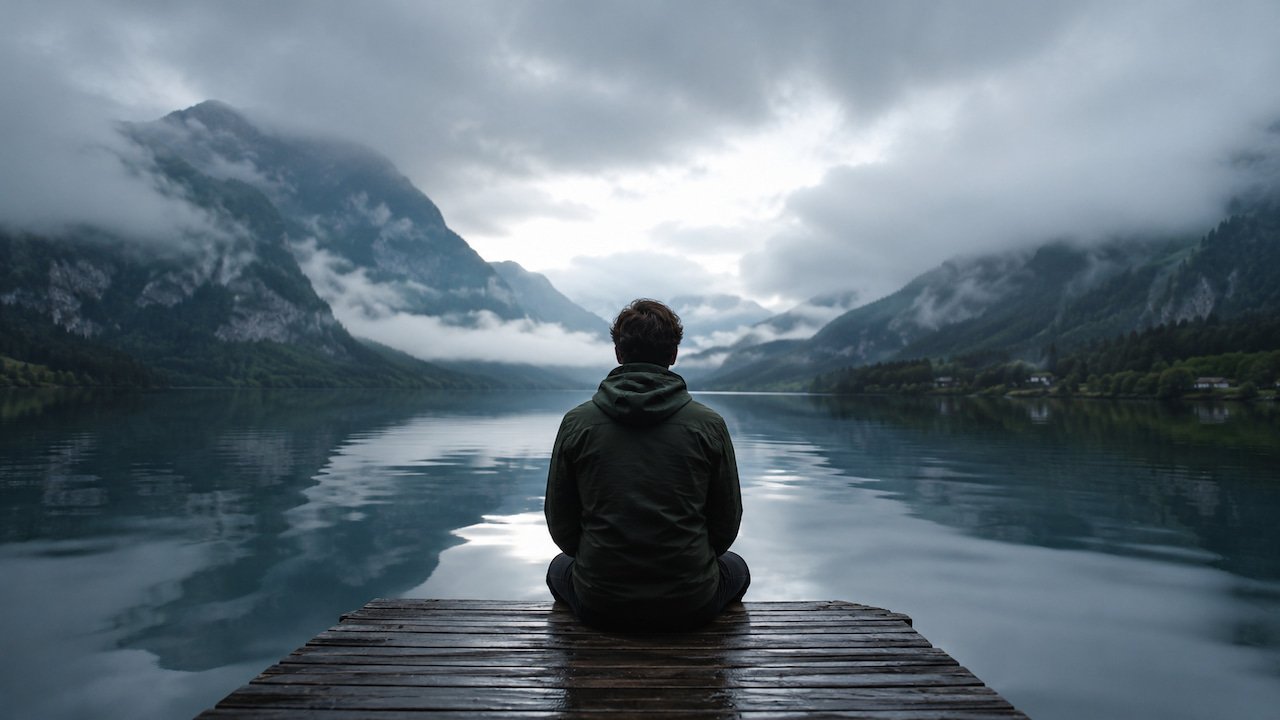 Person sitting alone by a misty mountain lake symbolizing the dark night of the soul and deep spiritual transformation.