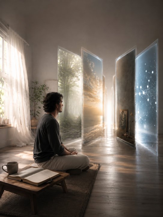 Inner Doorways Opening Man sits beside floating doorways of forest, ocean, grief and stars during a spiritual awakening moment.