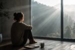 Woman sitting on the floor watches morning light through the window in a quiet spiritual awakening scene.