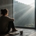 Woman sitting on the floor watches morning light through the window in a quiet spiritual awakening scene.
