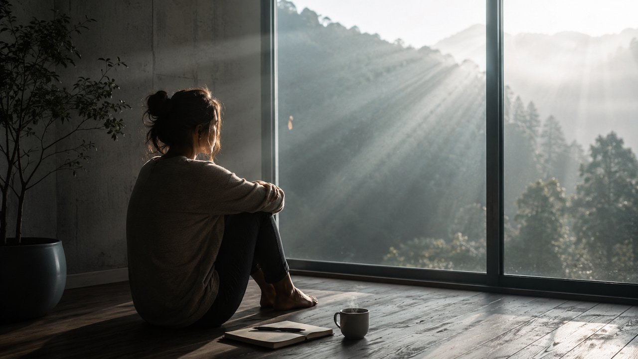 Woman sitting on the floor watches morning light through the window in a quiet spiritual awakening scene.