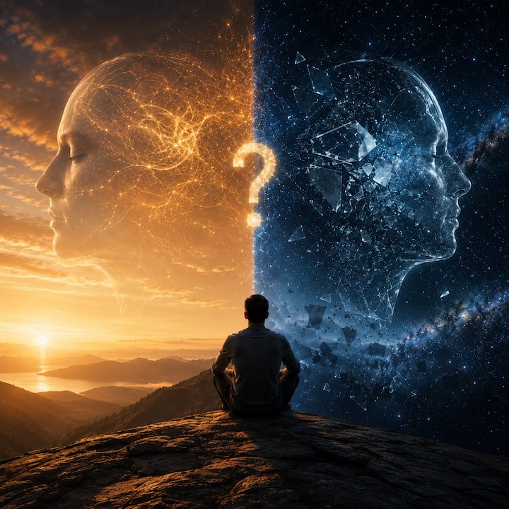 A seated figure faces two symbolic worlds, questioning whether consciousness ends or only the body fades.