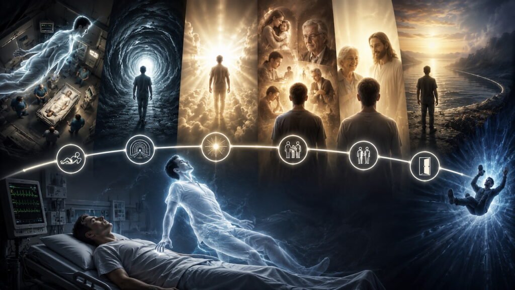 Hospital patient surrounded by tunnel, light, life review and figures, showing elements of NDE accounts.