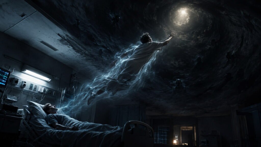 Patient in hospital bed as a glowing figure reaches toward light inside a dark tunnel, showing frightening NDEs.