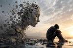 A seated man faces sunrise beside a crumbling stone head, showing the hidden side of ego death through solitude.