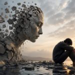A seated man faces sunrise beside a crumbling stone head, showing the hidden side of ego death through solitude.