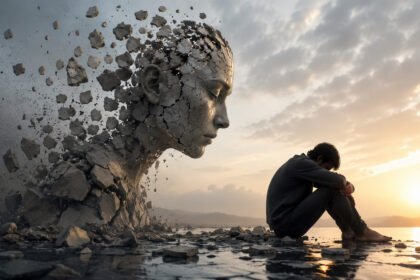 A seated man faces sunrise beside a crumbling stone head, showing the hidden side of ego death through solitude.