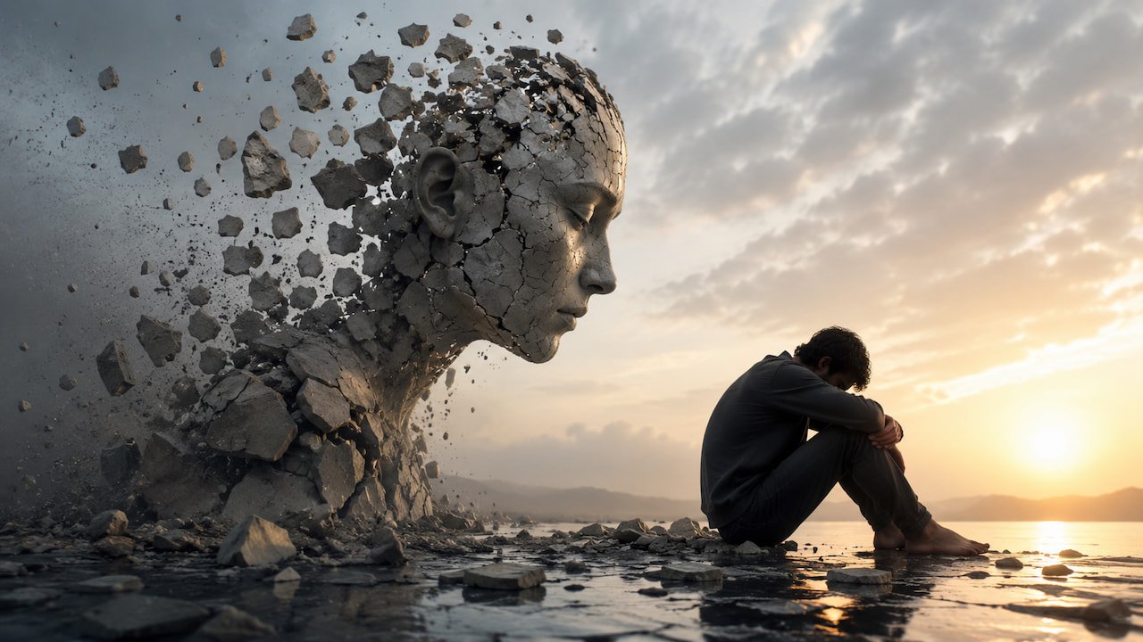 A seated man faces sunrise beside a crumbling stone head, showing the hidden side of ego death through solitude.