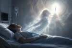 Patient in hospital bed with glowing figure rising toward light, showing near-death experiences science studies.