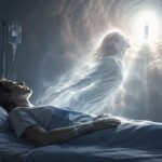 Patient in hospital bed with glowing figure rising toward light, showing near-death experiences science studies.