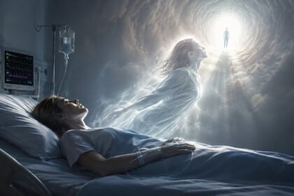 Patient in hospital bed with glowing figure rising toward light, showing near-death experiences science studies.