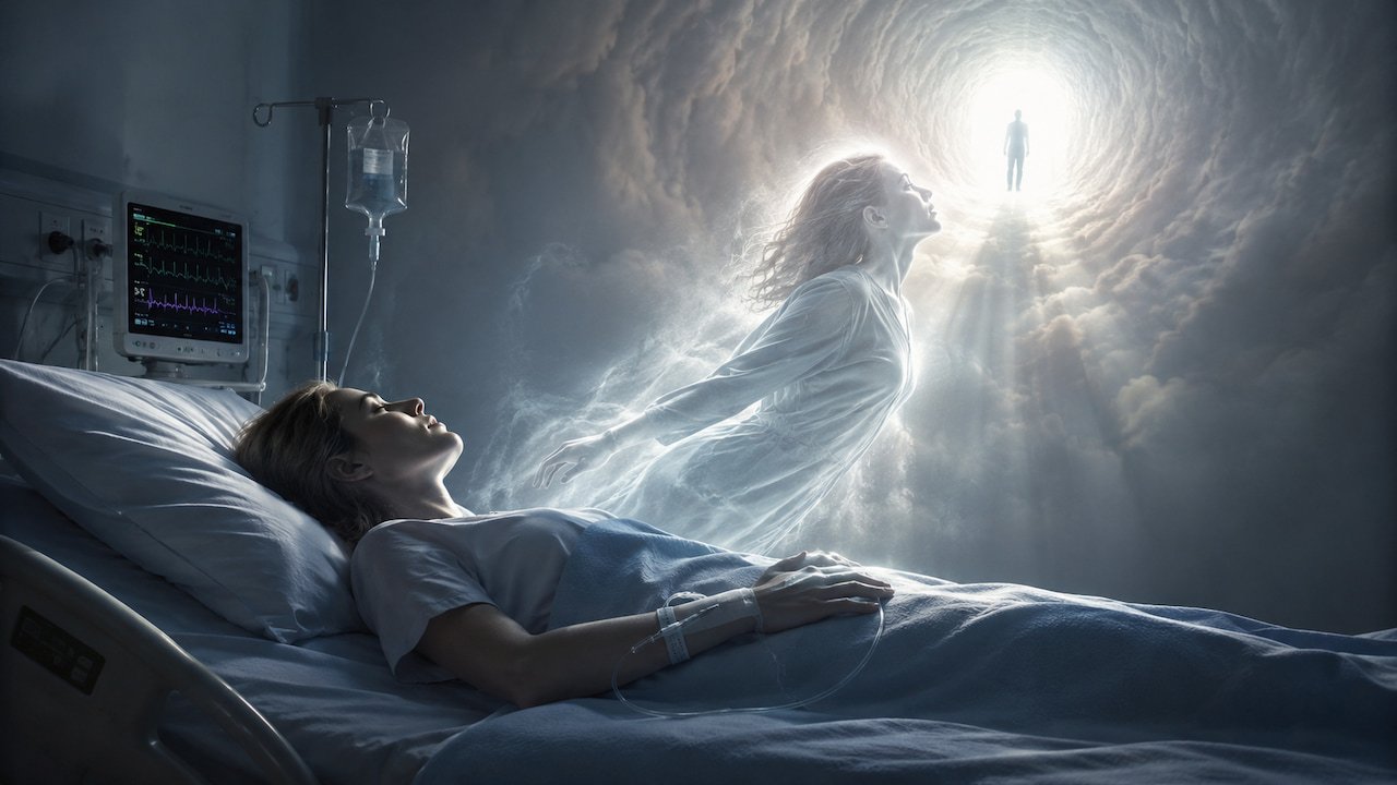 Patient in hospital bed with glowing figure rising toward light, showing near-death experiences science studies.