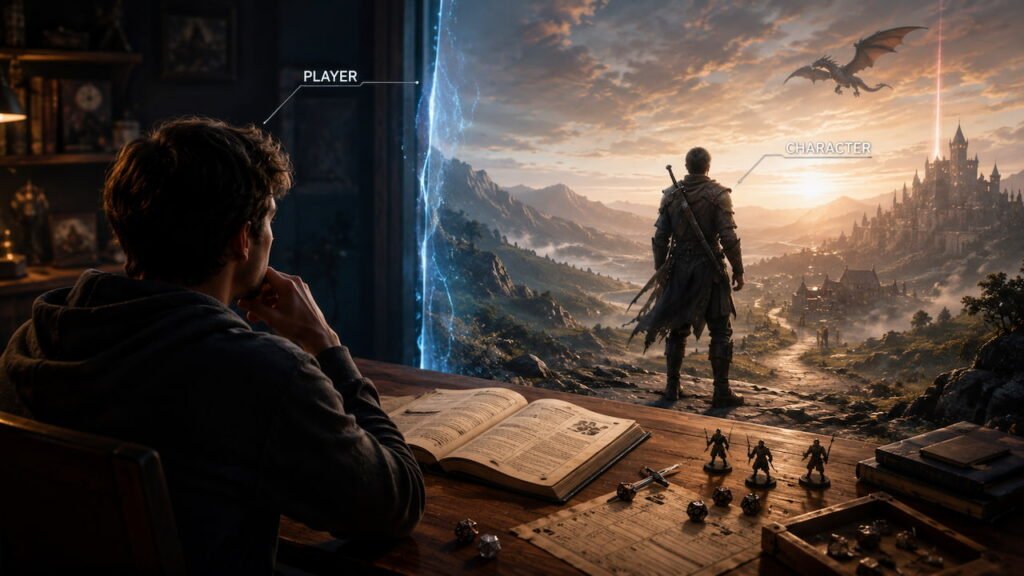 player and character analogy A player watches his RPG character through a glowing portal, showing why the RPG analogy works for identity.