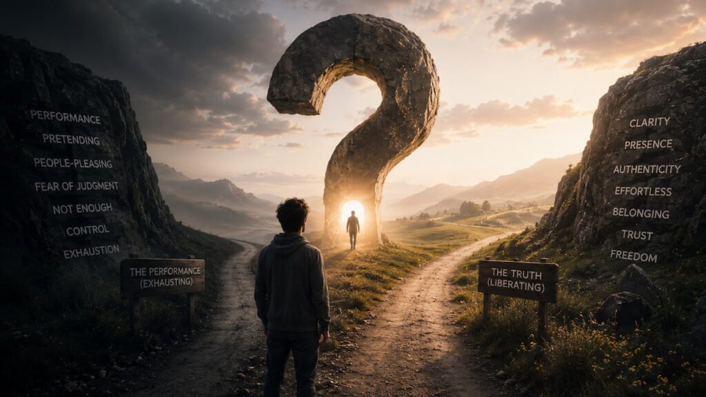 question behind the fear A person faces a glowing question-shaped rock, showing the question behind the fear of ego death and identity.