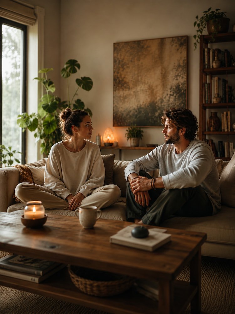 Couple in a quiet living room discussing whether relationships can survive a spiritual awakening together.