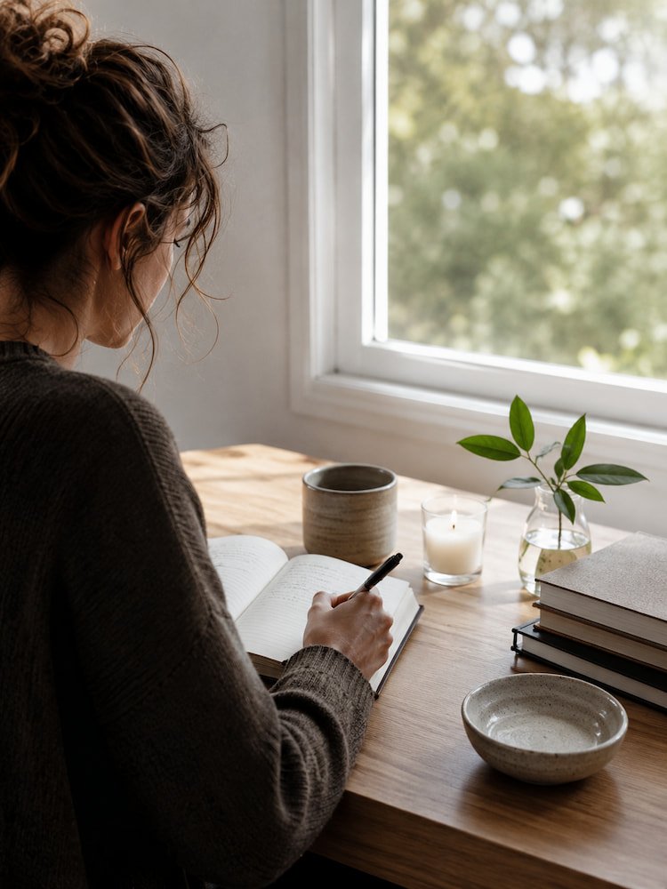 spiritual awakening practice Woman journaling by a window, showing what you can actually do with spiritual awakening in daily life.