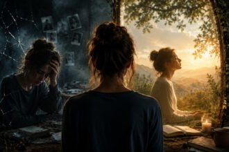Spiritual Awakening Isn't for Everyone?Woman facing a cracked mirror that contrasts inner crisis and calm.