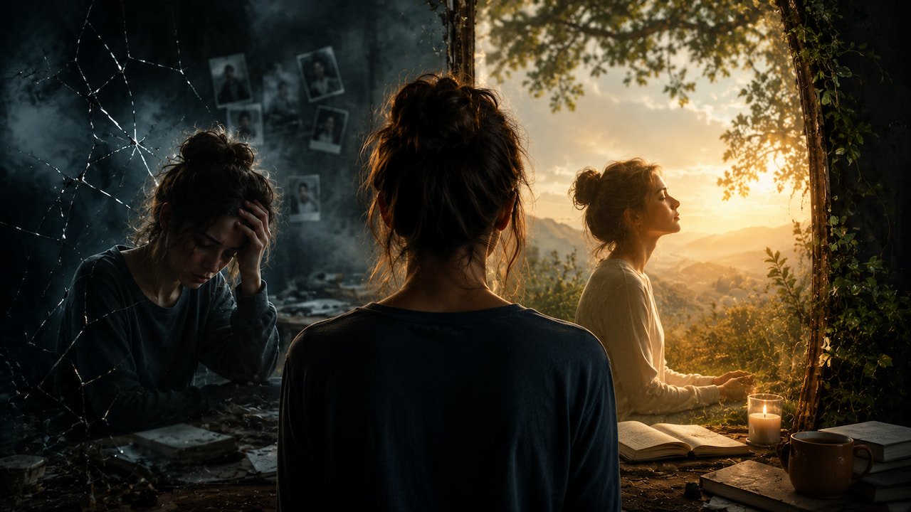 Spiritual Awakening Isn't for Everyone?Woman facing a cracked mirror that contrasts inner crisis and calm.