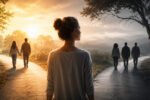 Woman at a forked road during spiritual awakening, watching relationships change as people walk separate paths.