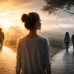 Woman at a forked road during spiritual awakening, watching relationships change as people walk separate paths.