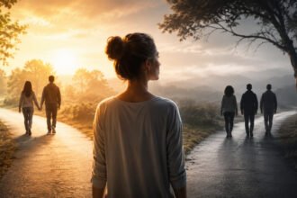 Woman at a forked road during spiritual awakening, watching relationships change as people walk separate paths.