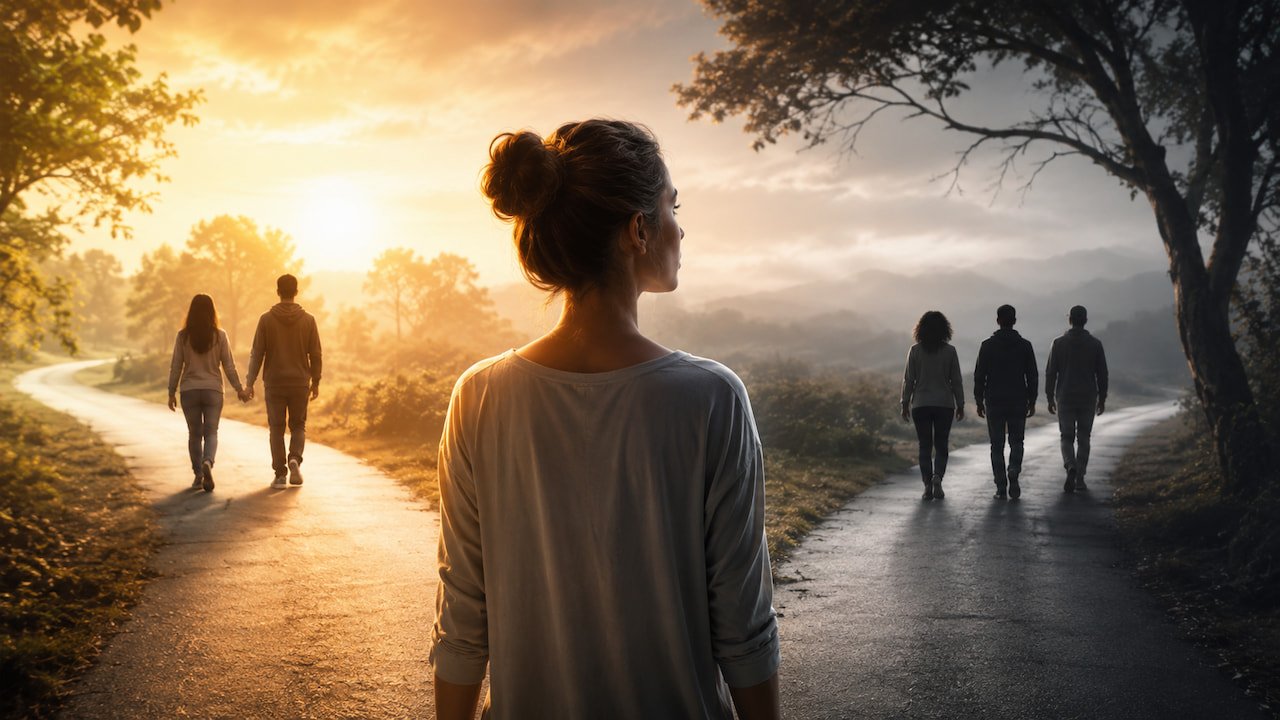 Woman at a forked road during spiritual awakening, watching relationships change as people walk separate paths.
