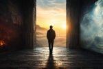 A lone figure faces a glowing horizon between dark and calm realms, exploring what happens after death.