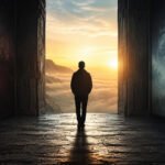 A lone figure faces a glowing horizon between dark and calm realms, exploring what happens after death.