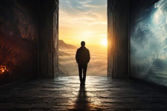 A lone figure faces a glowing horizon between dark and calm realms, exploring what happens after death.