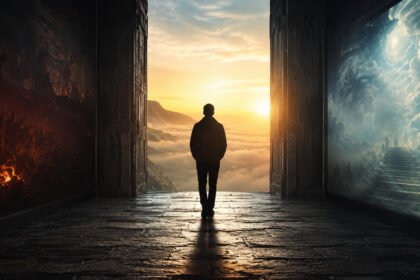 A lone figure faces a glowing horizon between dark and calm realms, exploring what happens after death.