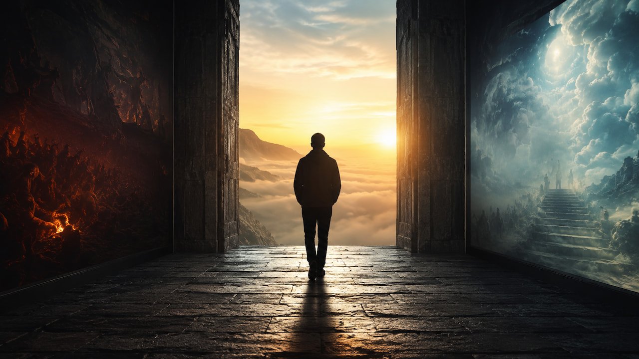 A lone figure faces a glowing horizon between dark and calm realms, exploring what happens after death.